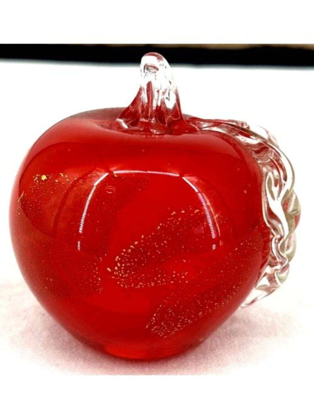 Art Glass Apple Red & Clear Hand Blown Glass 3" Tall